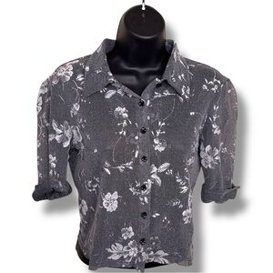 Vintage 90s Medium Eyeshadow Grey White Floral Stretch Top Button Up Half Sleeve